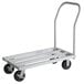 A silver metal cart with black wheels.