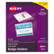 A package of 100 purple and yellow Avery® clear horizontal top clip-style badge holders.