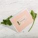 A pink envelope with a Avery Matte Clear shipping label next to a green leaf.