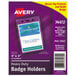 A package of 25 purple and white Avery heavy-duty badge holders.