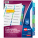 A blue and white box of Avery® customizable multi-color tab dividers with a blue and white label.