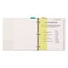 A white binder with yellow and green Avery plastic bookmark dividers.