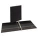 A black Avery binder with silver metal rings.