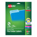 A package of Avery clear file folder labels with a green and blue label.