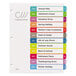 A calendar with colorful Avery 12-tab Jan.-Dec. labels.