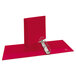 A red binder with silver metal rings.