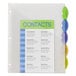 A binder with Avery translucent plastic dividers with blue, green and purple labels and pockets.