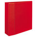 A red binder with a stitched edge.