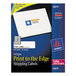 A box of white Avery shipping labels with a blue and white logo.