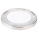 a white circle with a metal handle