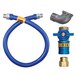 A blue flexible gas hose with a yellow label and hose fittings.