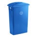 A blue 23-gallon slim rectangular recycling can with a slot lid and a recycling symbol on the front.