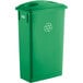 A Lavex green slim rectangular recycling can with a green lid with holes and a recycle symbol.