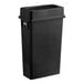 A black plastic Lavex slim rectangular trash can with a black drop shot lid.