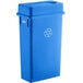 A blue Lavex slim rectangular recycling can with a white drop shot lid and a white recycle symbol on top.