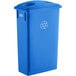 A blue Lavex slim rectangular recycling can with a blue lid with holes and a recycle symbol.