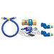 A blue Dormont gas connector kit with a restraining cable and double swivel fitting.