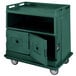 A granite green Cambro beverage service cart with a door open.