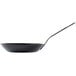 A black pan with a long handle.