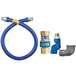 A blue hose and pipe with blue and gold fittings.