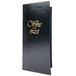 A black Menu Solutions wine list cover with gold text on it.