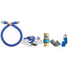 A blue Dormont gas connector hose kit with fittings and a restraining cable.