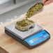 A person scooping pumpkin seeds into a container on an AvaWeigh digital portion scale.