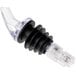 A Tablecraft clear plastic measured liquor pourer with a white plug.