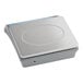 A silver rectangular AvaWeigh digital portion scale with a blue and white circular lid.