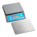 A grey AvaWeigh digital portion scale with a blue screen.