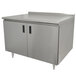 A stainless steel enclosed base work table with a fixed midshelf.