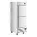 An Avantco stainless steel half door reach-in freezer on wheels.