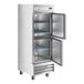 An Avantco stainless steel reach-in freezer with two solid half doors.