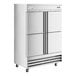 An Avantco stainless steel reach-in refrigerator with two solid half doors and four sections.