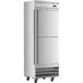 An Avantco stainless steel reach-in refrigerator on wheels.