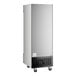 A stainless steel solid half door reach-in refrigerator on casters.