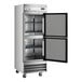 A stainless steel reach-in refrigerator with two solid half doors and interior shelving.