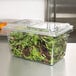 A clear Cambro food storage box lid slid open to reveal a counter of green and red lettuce.