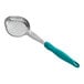A Vollrath teal oval perforated spoon with a metal strainer.