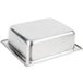 A silver rectangular metal pan with a lid.