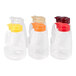 A set of six clear plastic dispenser jars, each with a different colored lid.