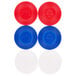 A close-up of red and blue Bicycle plastic poker chips.