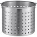 A silver aluminum steamer basket with holes.