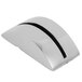 A silver stainless steel Clipper Mill table card holder with a black stripe.