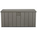 A Lifetime rough cut textured grey outdoor storage box with a door.