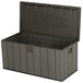 A grey plastic Lifetime outdoor storage box with a lid open.
