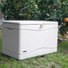 A Lifetime desert sand outdoor storage box in a yard.