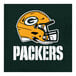 A white Creative Converting napkin with a yellow and green Green Bay Packers helmet logo.