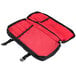 A red bag with black straps and two compartments for knives.