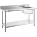 A Regency stainless steel work table with a sink, a drain, and a shelf.